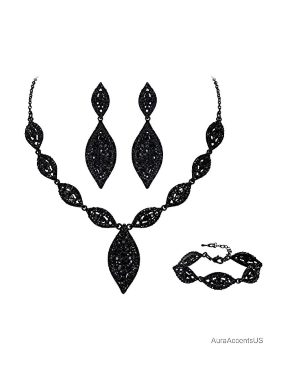 Rhinestone Crystal Leaf Necklace Drop Dangle Earrings Bracelet Jewelry Set